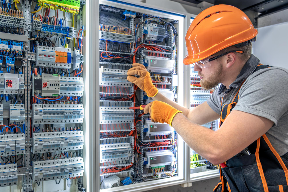 Electrician working on electrical panel